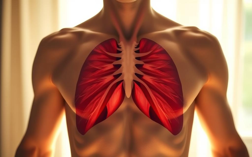 A cross-section view of a singer's torso, illuminated by warm, natural lighting. In the foreground, the diaphragm muscle is prominently displayed, visually emphasizing its central role in proper breath management. The intercostal muscles in the mid-section are also clearly defined, showcasing their complementary function. The background features a blurred, ethereal backdrop, creating a sense of focus on the respiratory mechanics. The overall composition conveys the intricate balance and control required for efficient breath support during vocal performance. The control required for efficient breath support during vocal performance.
