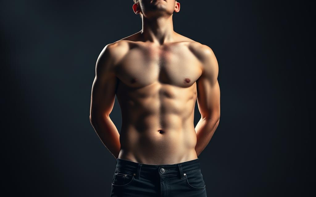 A singer standing upright, chest elevated, shoulders back, in a well-lit studio. Their torso is visible, hands at their sides, focused expression on their face as they prepare to take a deep breath. Dramatic lighting from the side and above casts dramatic shadows, highlighting the musculature of the abdomen and chest. The background is blurred, placing the subject in sharp focus. The mood is one of intense focus and anticipation, as the singer readies themselves to sing with perfect technique. A singer standing upright, chest elevated, shoulders back.